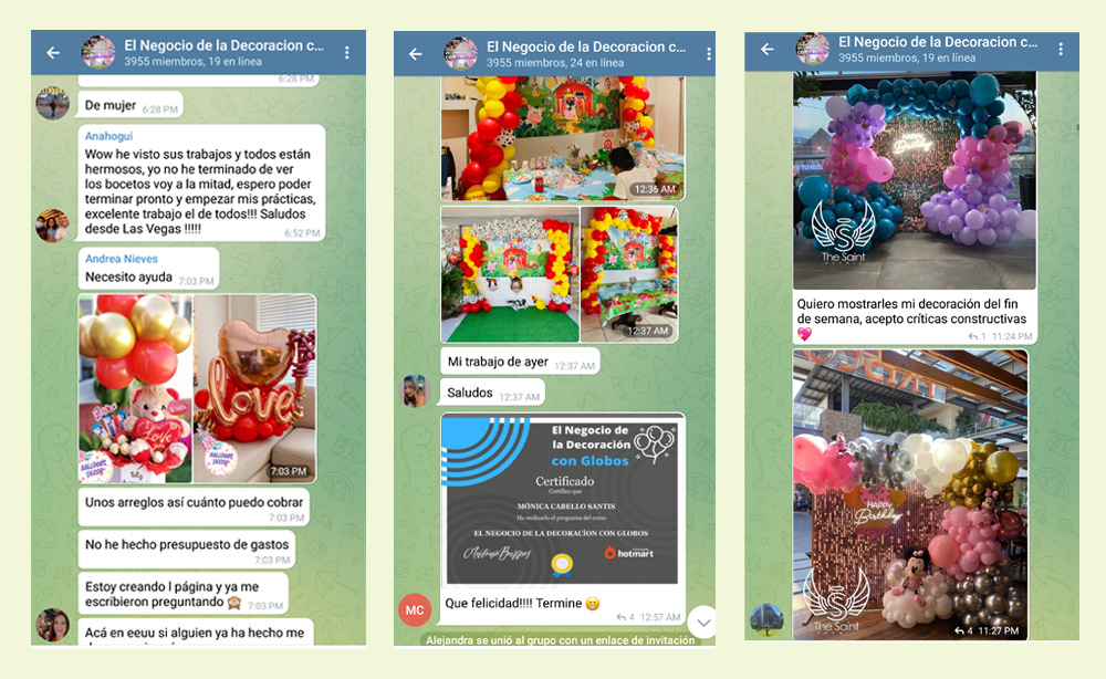 Collage de mensajes positivos y fotografías de alumnos mostrando sus primeras decoraciones profesionales.