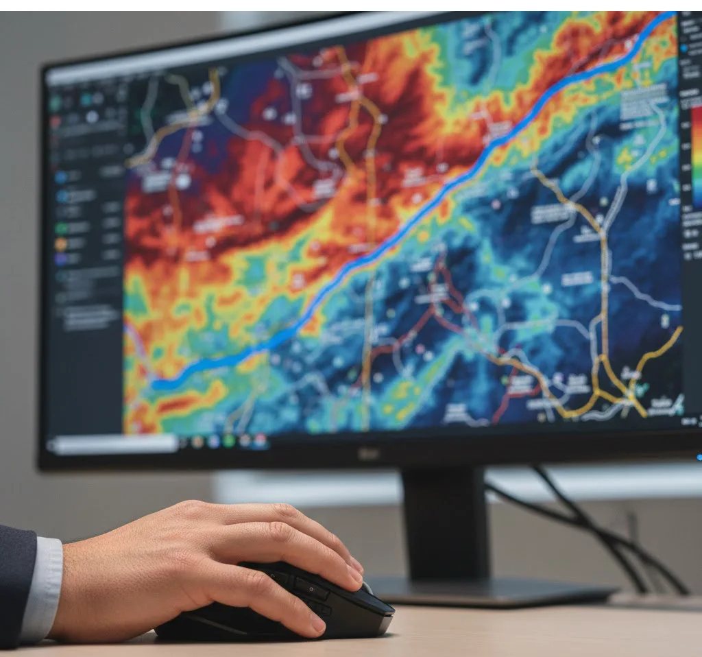 Un primer plano de una mano profesional utilizando un ratón de precisión sobre una mesa de trabajo, visualizando en un monitor un mapa topográfico digital con mapas de calor de elevación y una alineación de carretera resaltada en azul.