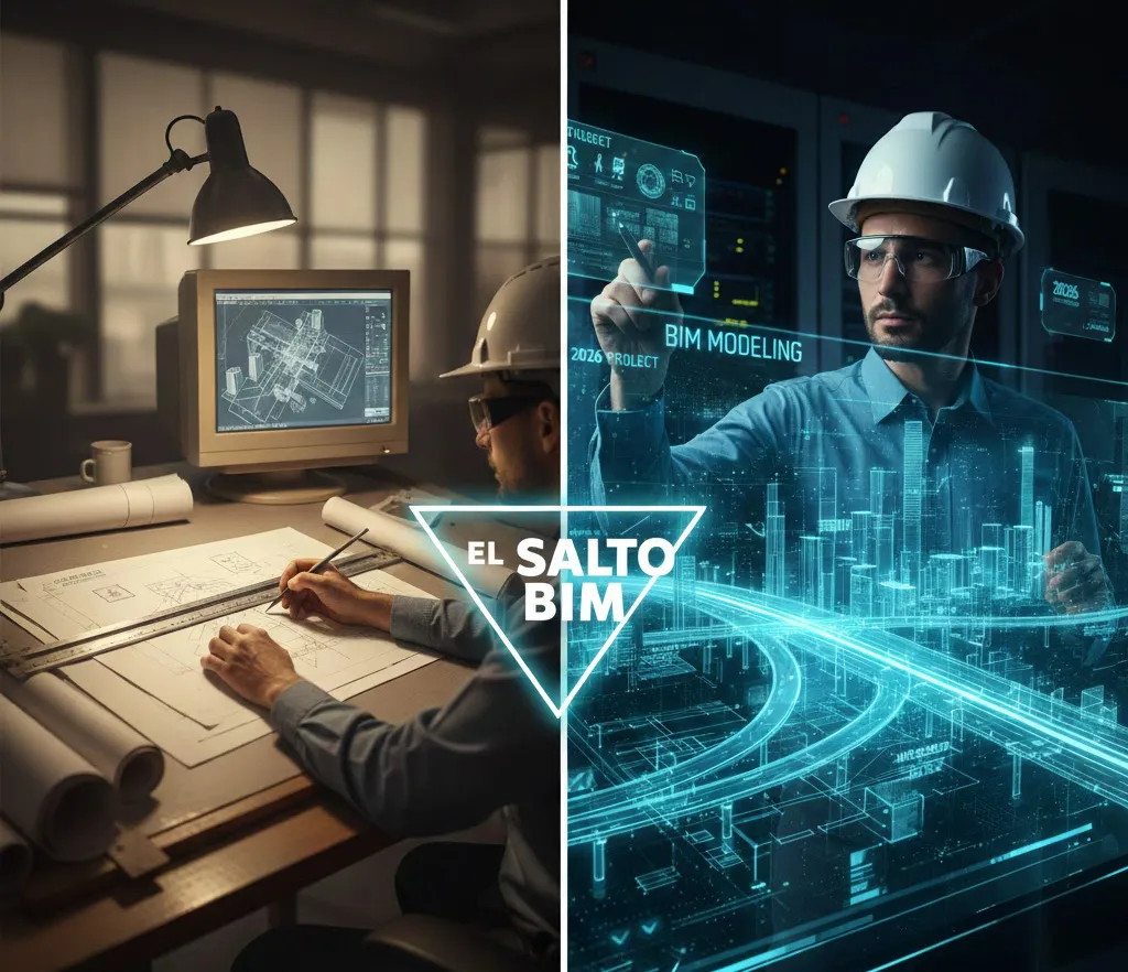 Comparativa visual entre el dibujo técnico tradicional en papel/monitor antiguo y el modelado dinámico BIM con Civil 3D.