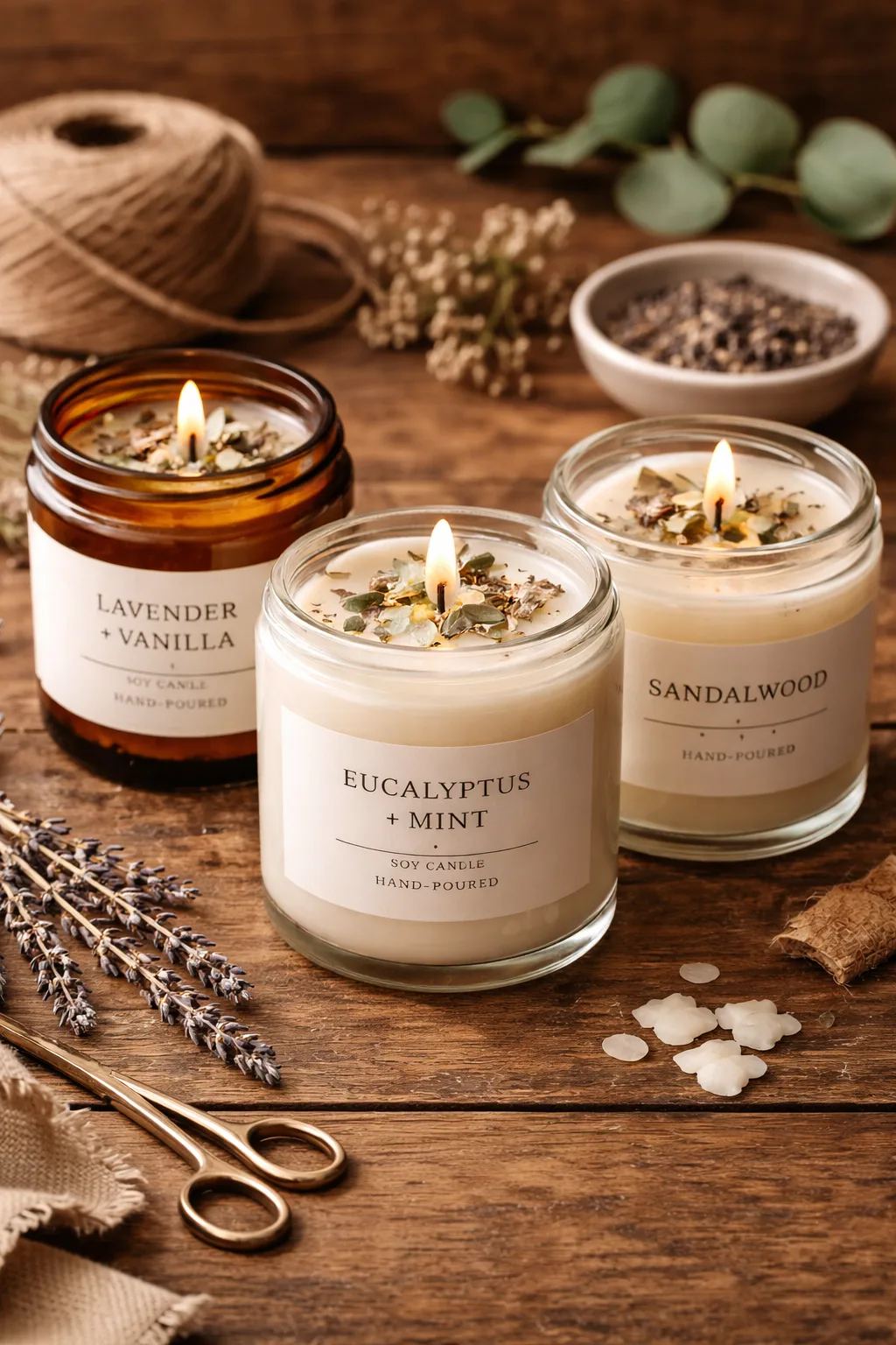 Velas artesanales decoradas con etiquetas minimalistas y aromas naturales listas para su venta