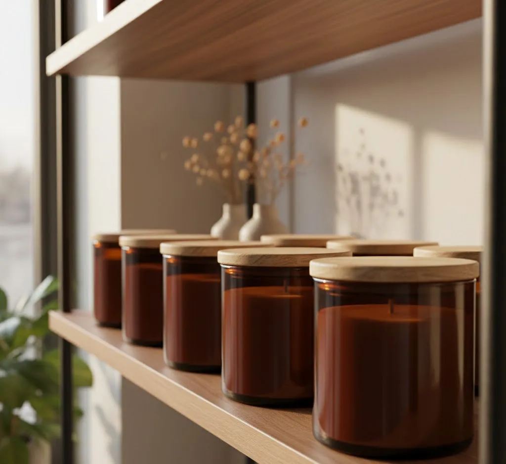 Varias velas terminadas en recipientes de vidrio ámbar con tapas de madera, alineadas en un estante para su proceso de curado, con una iluminación suave que resalta la textura lisa de la cera.