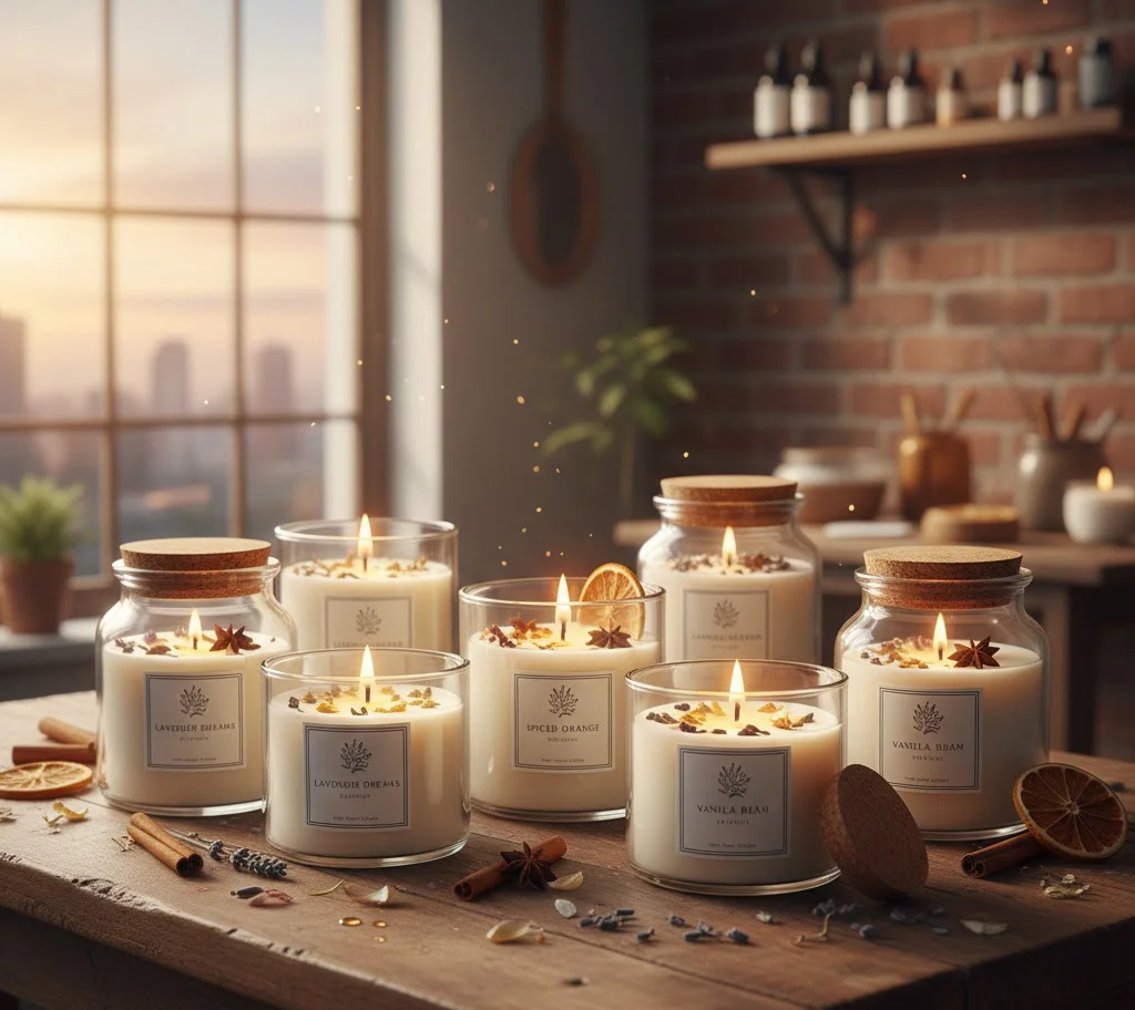 Imagen de velas artesanales en frascos encendidas sobre una mesa de madera