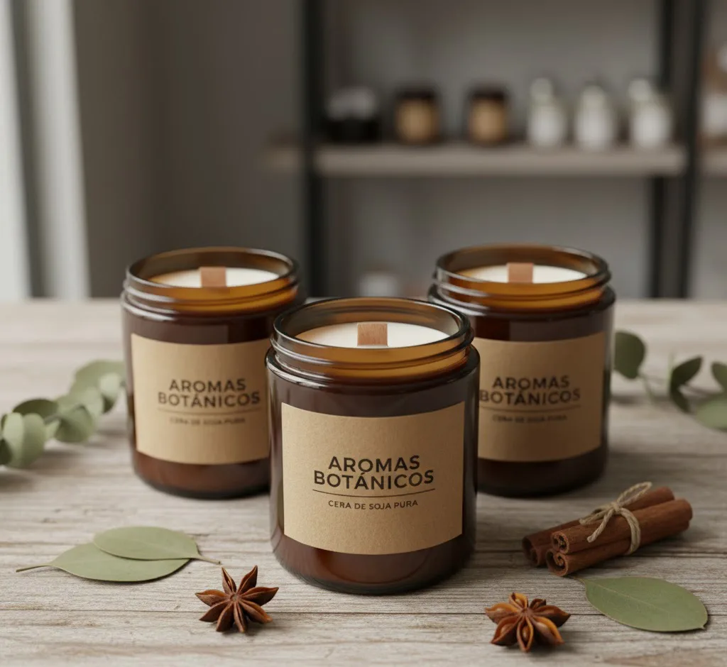 Tres velas artesanales de soja terminadas en envases de vidrio ámbar, con etiquetas de papel kraft y mechas de madera, dispuestas de forma estética para su venta.