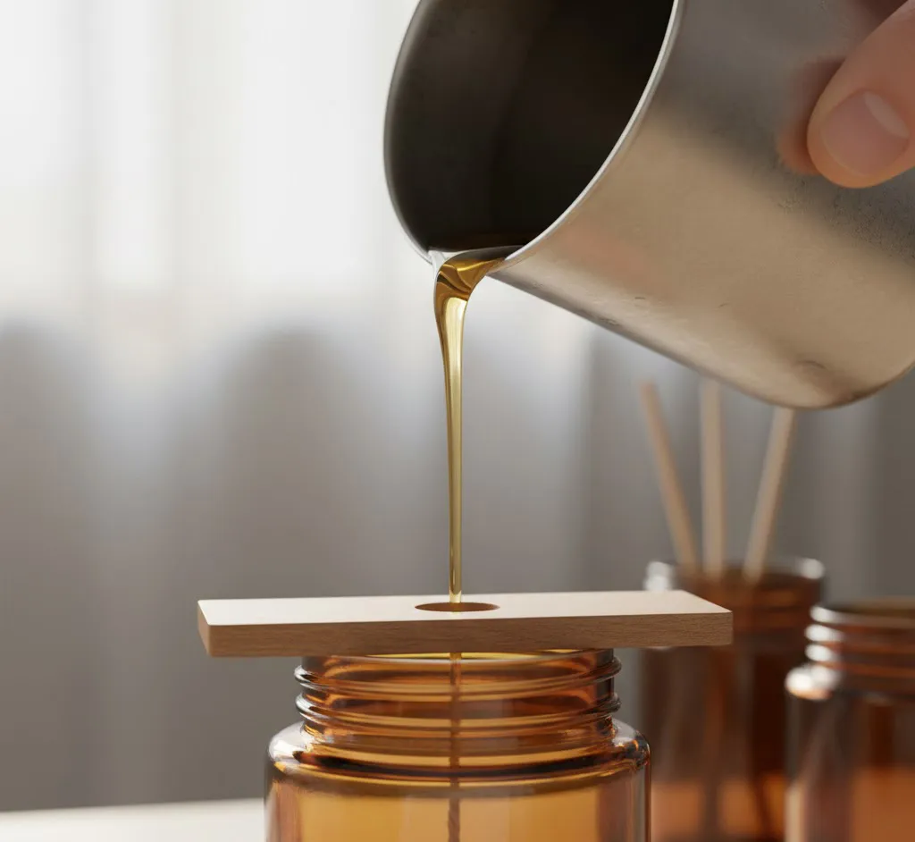 Primer plano del vertido de cera de soja líquida y traslúcida desde una jarra metálica hacia un frasco de vidrio ámbar que ya tiene el pabilo centrado con un soporte de madera.