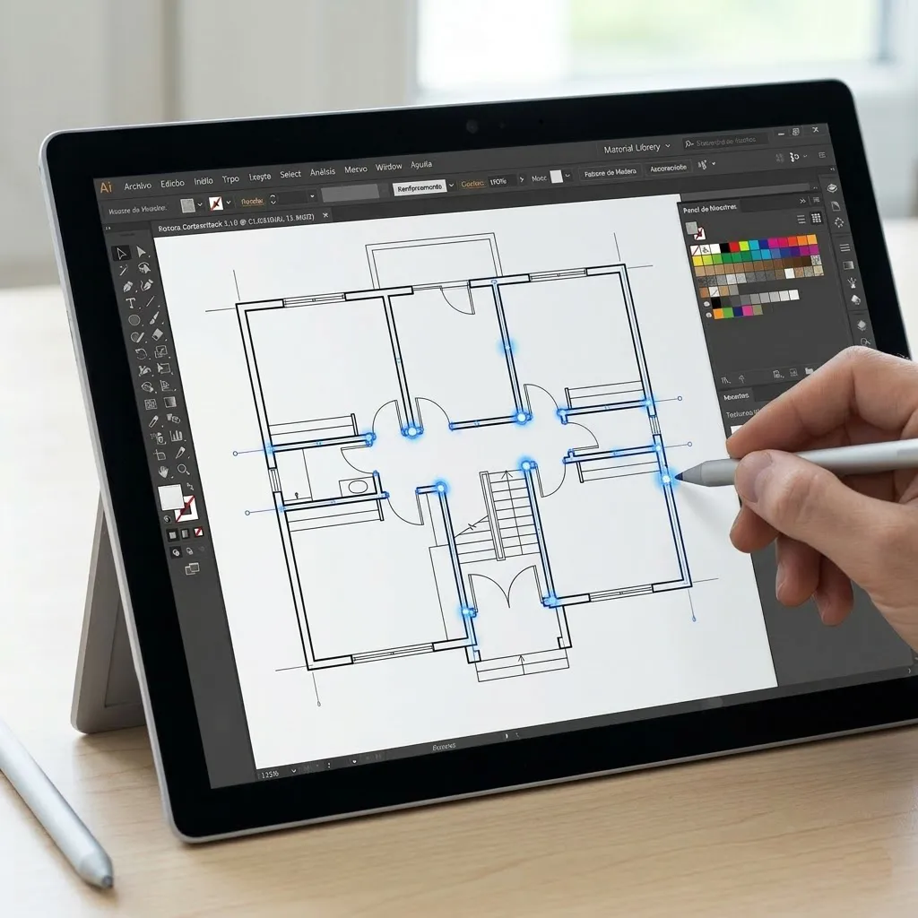 Vista de un plano de planta minimalista en Adobe Illustrator con nodos vectoriales azules seleccionados para edición en una tablet.