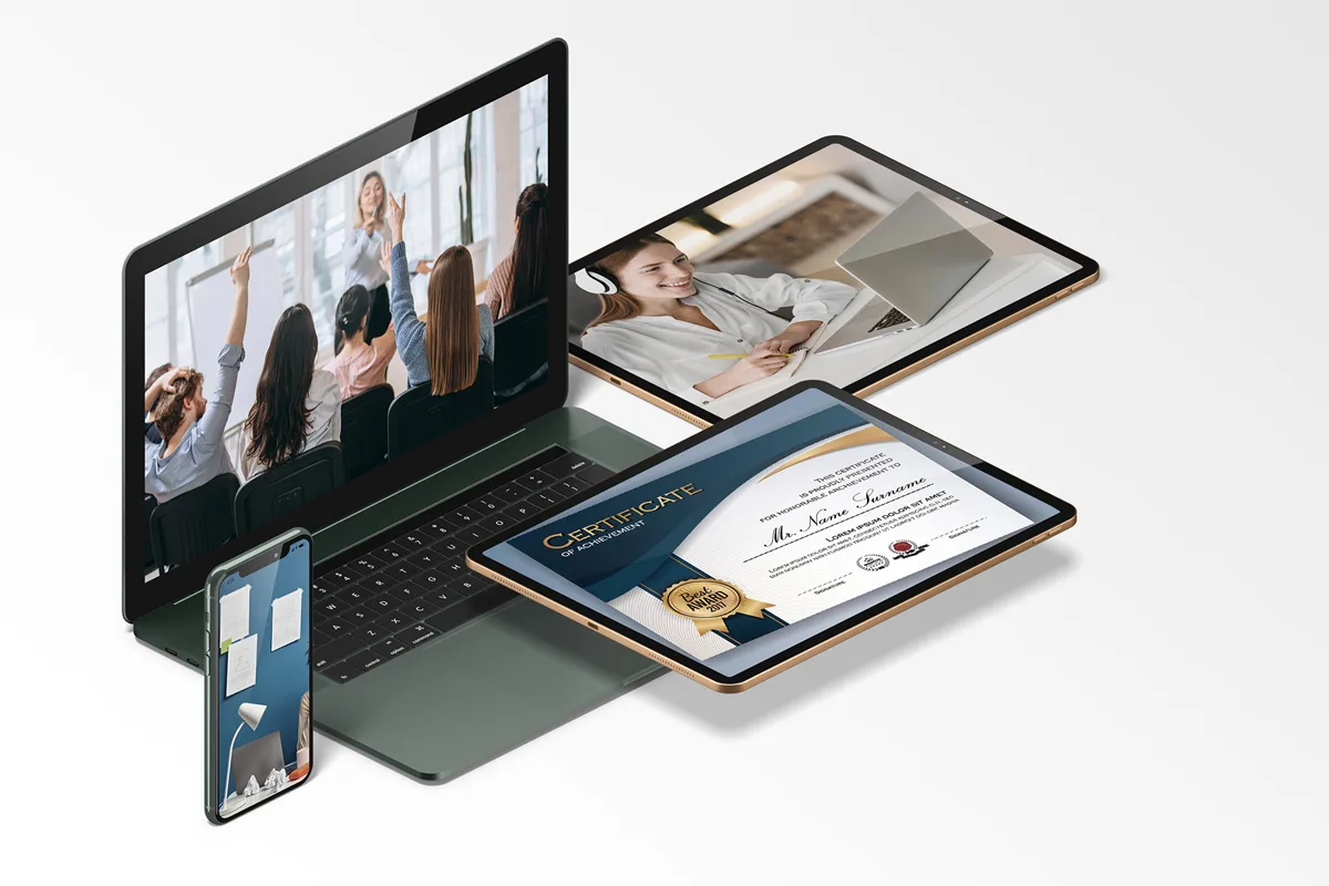 Composición de dispositivos digitales que incluye un portátil, tabletas y un smartphone mostrando contenido de formación online y un certificado sobre un fondo blanco limpio.