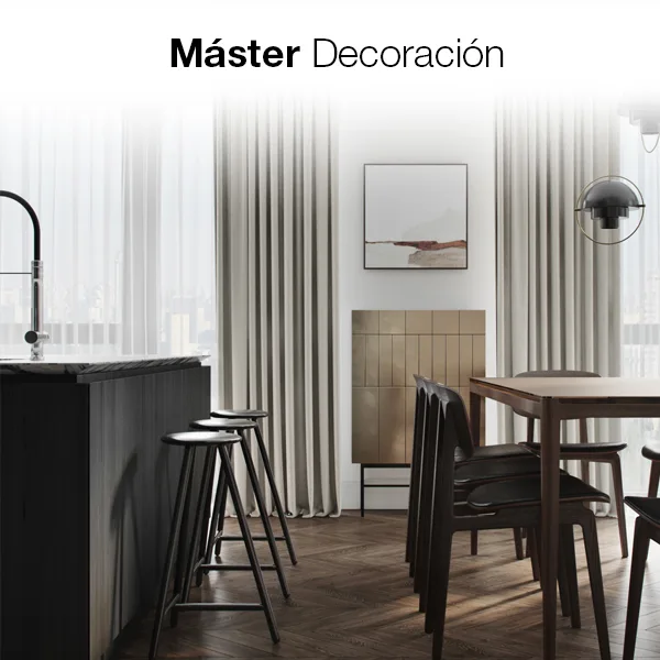 Master Decoración Imagen de portada del master decoración, se puede ver un Interior moderno de un comedor y cocina de diseño minimalista con muebles de madera oscura, taburetes altos y cortinas beige.
