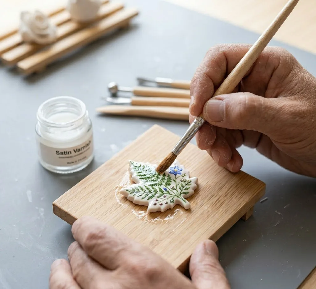 Un primer plano fotorrealista que muestra el paso final del proceso: una mano con un pincel de cerdas suaves aplicando barniz satinado sobre una pieza decorativa de arcilla fría ya pintada con un diseño botánico. La pieza reposa sobre una base de madera lisa.