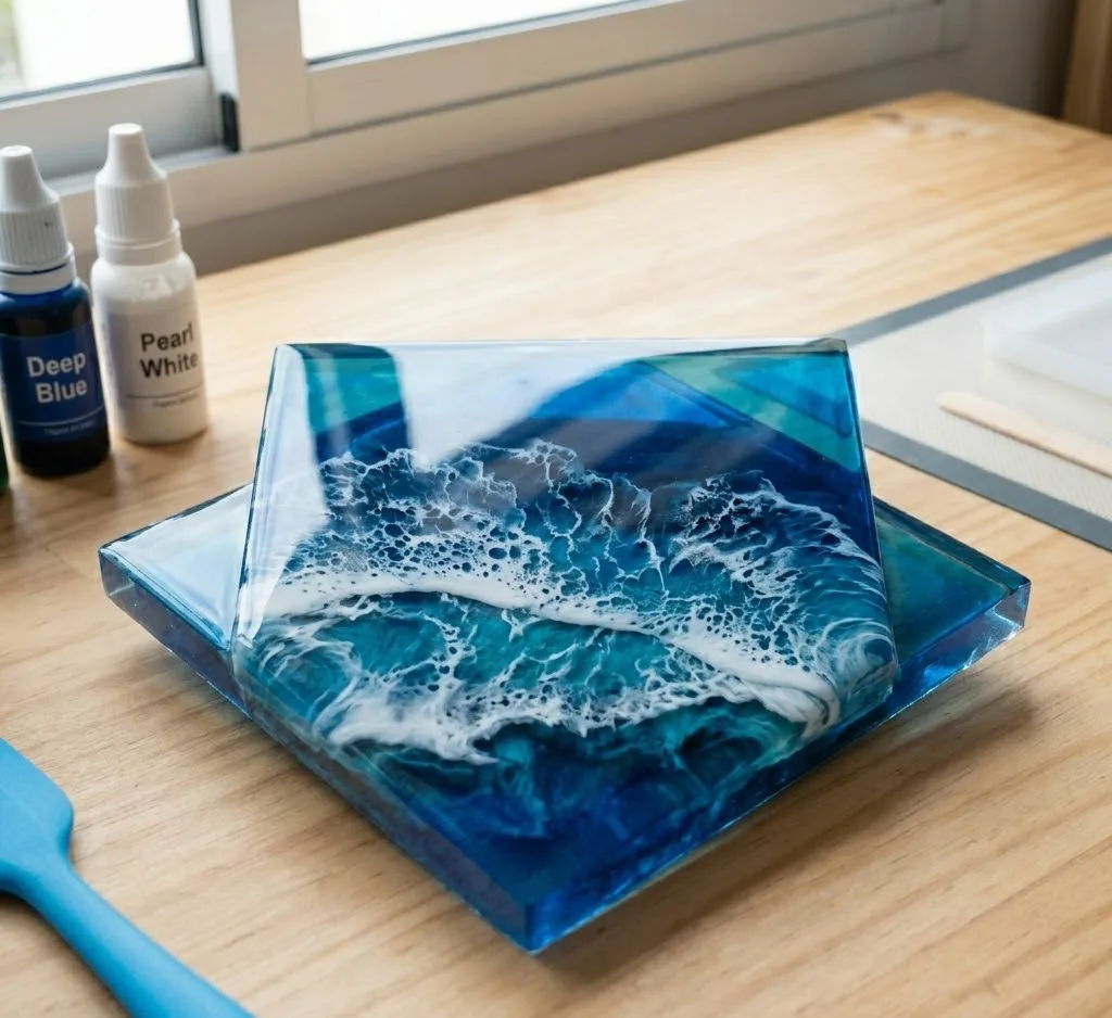 Una pieza de arte terminada, un posavasos con efecto de olas de mar en azul y blanco, con un brillo intenso y bordes perfectamente nivelados sobre una superficie de madera.