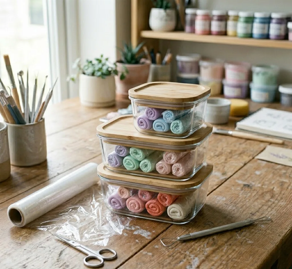 Rollos de masa de arcilla fría de diferentes colores envueltos herméticamente en film plástico y guardados en contenedores de vidrio sellados para evitar el endurecimiento y la contaminación.