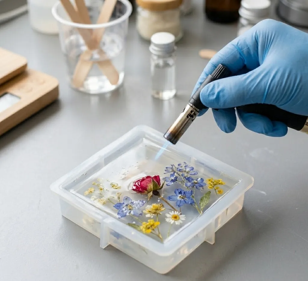 Una mano utilizando un pequeño soplete de gas para eliminar burbujas superficiales de un molde de silicona lleno de resina transparente con flores preservadas en su interior.
