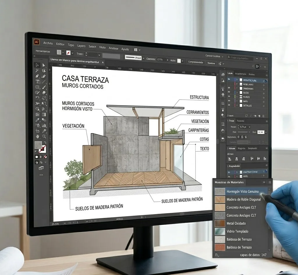 Detalle de una sección arquitectónica en Illustrator donde se aprecia la aplicación de una textura de hormigón visto y un patrón de madera en los suelos, con un menú desplegable de muestras de materiales abierto a un lado.