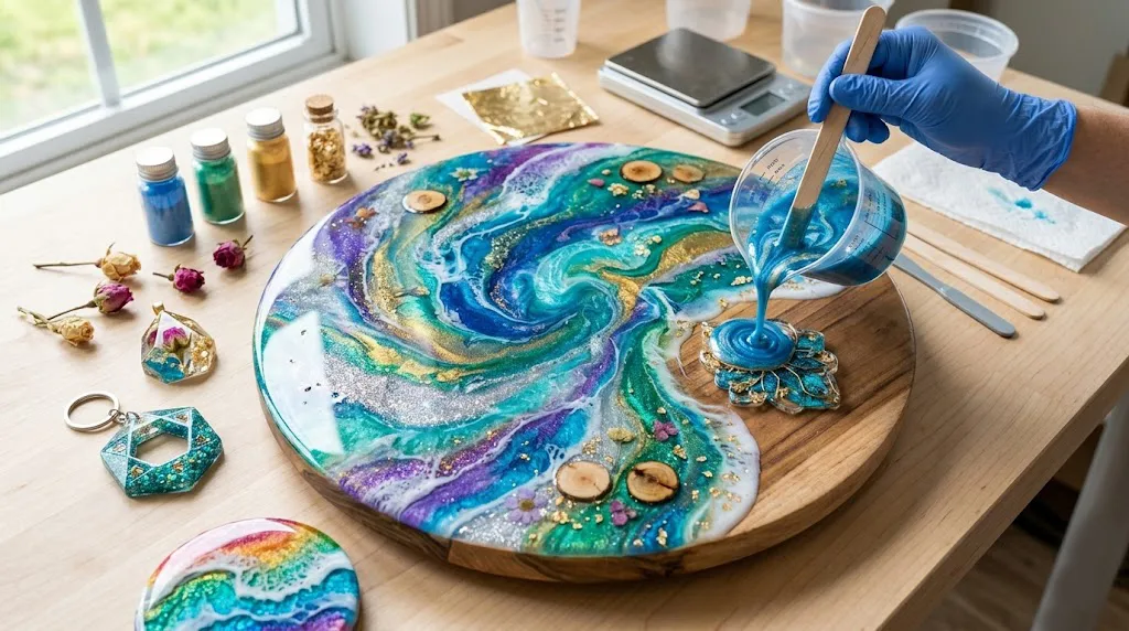 Vista de ángulo medio de una mano con un guante de nitrilo azul revolviendo suavemente una mezcla líquida y brillante de resina con destellos de purpurina dorada y azul en un vaso medidor. La resina cae en un chorro fino sobre un molde circular de silicona limpio con una pieza de resina ya curada y colorida en el centro. Varias pequeñas joyas terminadas y botellas de pigmentos de colores están dispuestas en el primer plano sobre una mesa de trabajo de madera rústica, con un soplete pequeño y rollos de cinta adhesiva al fondo.