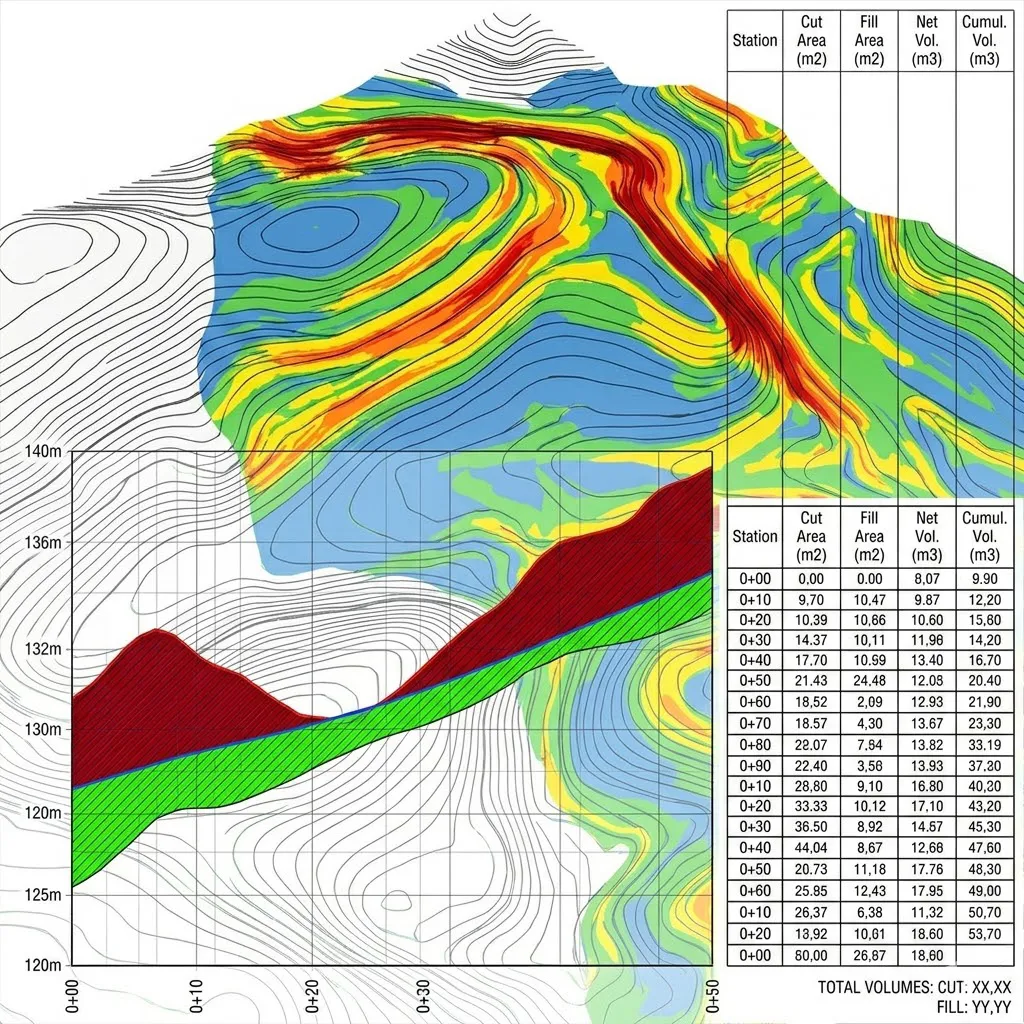 Gráfico de perfil longitudinal en Civil 3D mostrando las áreas de corte en rojo y relleno en verde con una tabla de volúmenes detallada al costado.