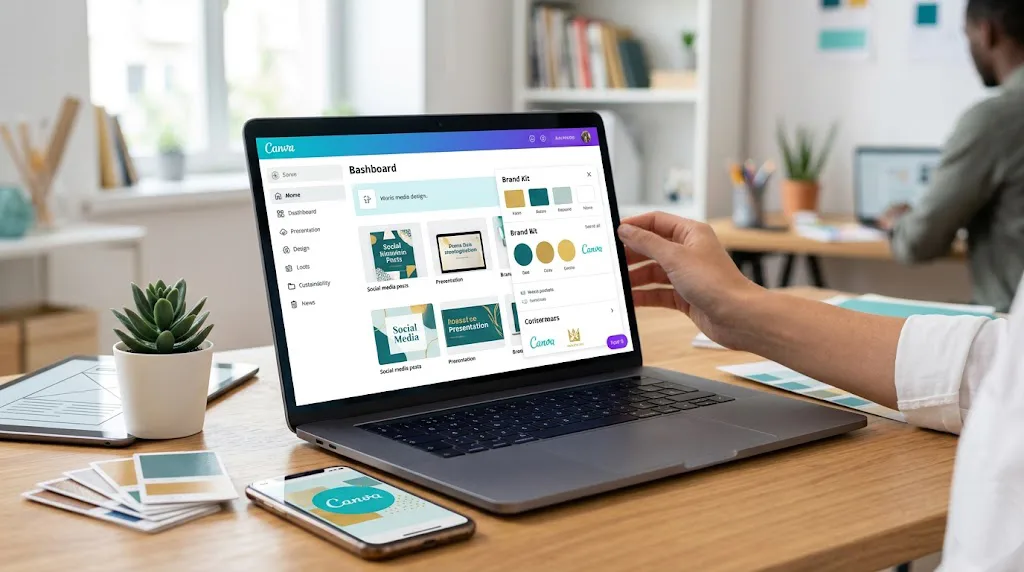 Una toma fotorrealista de ángulo amplio de un escritorio de madera en una oficina luminosa. En el centro, un portátil MacBook Pro muestra el panel de control de Canva con un Kit de Marca configurado, paletas de colores y logotipos. Al lado del portátil, hay un smartphone con la aplicación de Canva abierta y algunas tarjetas de muestras de color físicas.