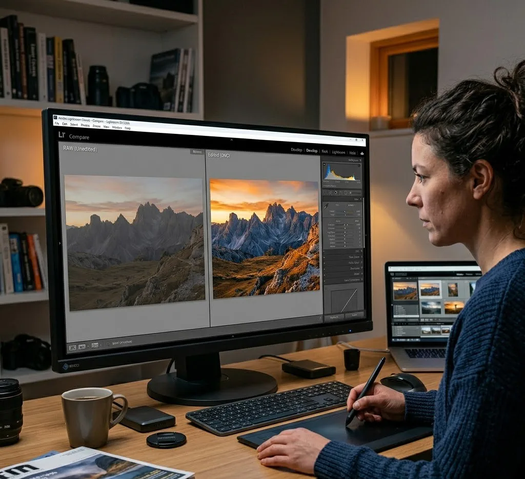 Primer plano fotorrealista de un monitor de alta resolución mostrando el proceso de revelado digital en Adobe Lightroom. La pantalla está dividida en dos: a la izquierda, una fotografía RAW plana y sin contraste de un paisaje montañoso; a la derecha, la misma imagen con el contraste, el color, la textura y la profundidad realzados profesionalmente. Se aprecia el panel de control de Lightroom a la derecha de la pantalla y la mano de la fotógrafa utilizando una tableta gráfica en el escritorio de madera.