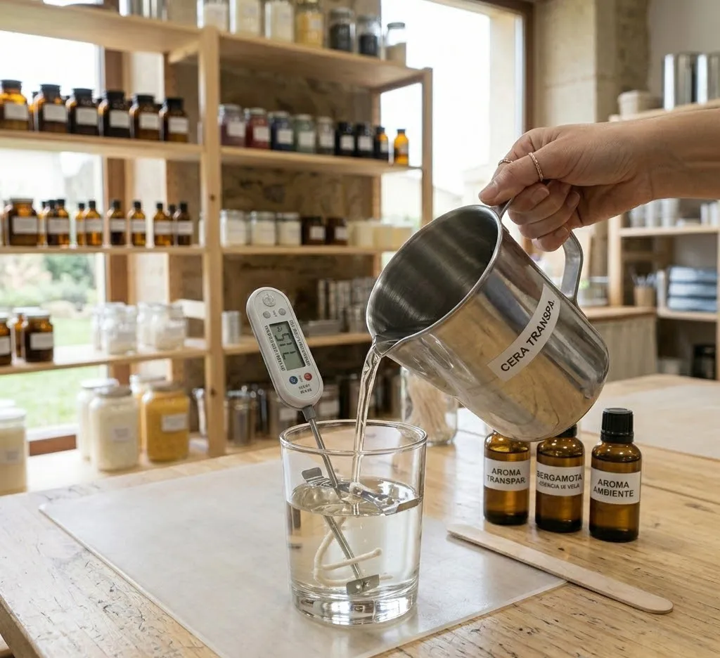 Una mano vertiendo cera líquida transparente desde una jarra de acero inoxidable hacia un frasco de vidrio, con un termómetro marcando la temperatura exacta.