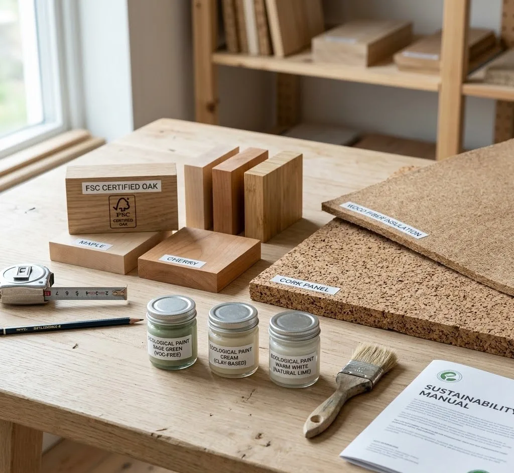 Primer plano detallado de materiales de construcción ecológica como madera certificada, paneles de corcho y muestras de pintura ecológica sobre una mesa de madera clara.
