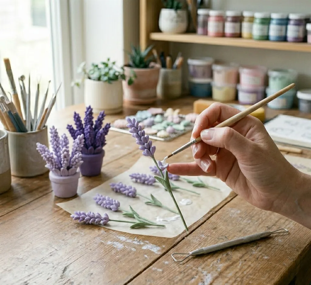 Una mano usando un pincel fino para aplicar pegamento vinílico en la unión de un pétalo de arcilla con el tallo de una flor, mostrando precisión técnica.