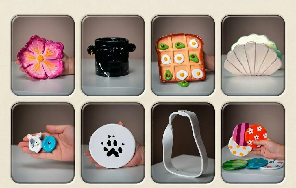 Cuadrícula con ejemplos de piezas decorativas en arcilla fría del curso online.