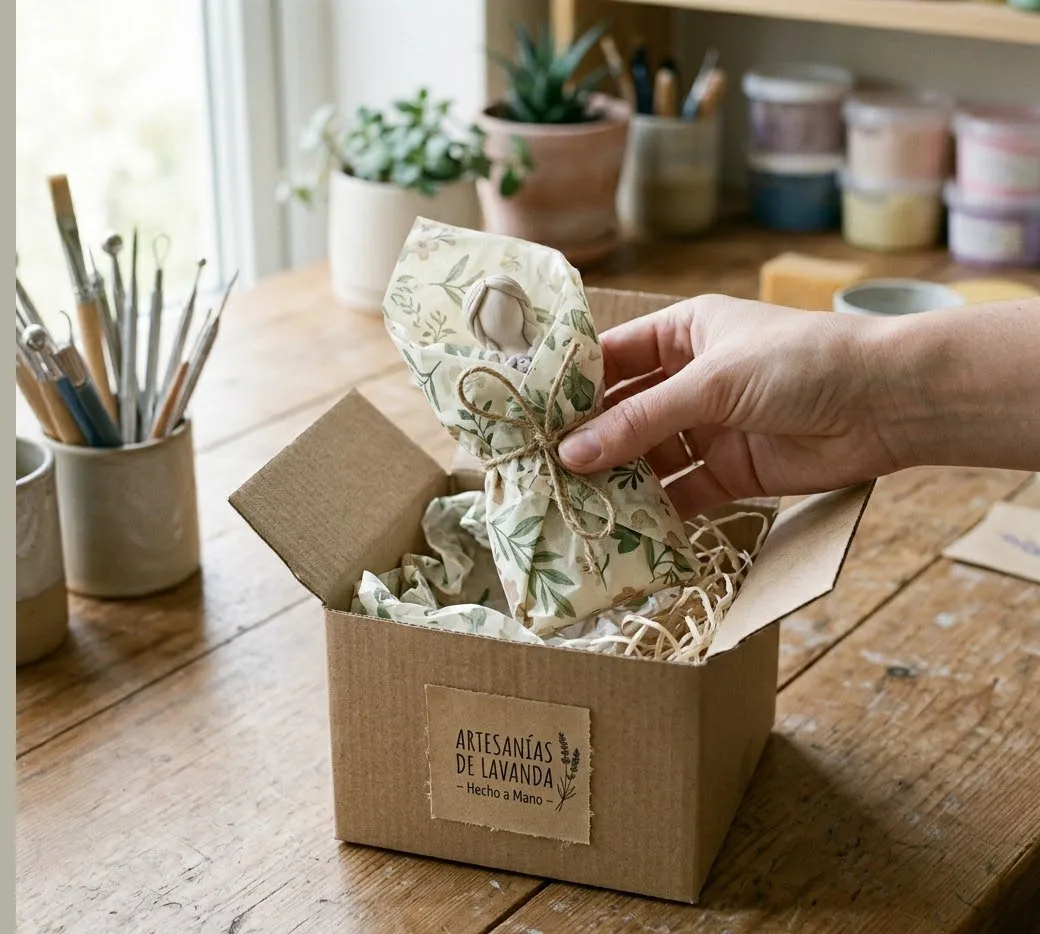 Una mano colocando una figura decorativa de arcilla fría envuelta en papel seda dentro de una caja de cartón kraft con una etiqueta artesanal y cordel de yute.