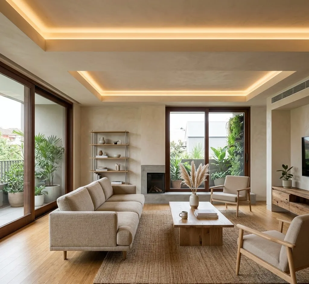 Un salón de estilo contemporáneo diseñado con materiales sostenibles, iluminación indirecta integrada en el techo y una distribución espacial equilibrada con mobiliario minimalista.