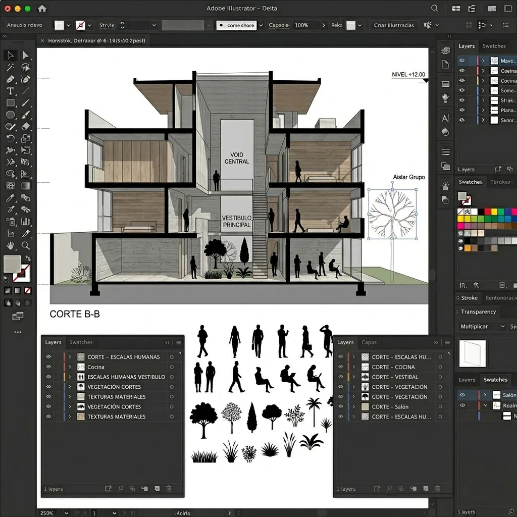Conjunto de escalas humanas y vegetación estilizada aplicada sobre un corte arquitectónico para dar escala y profundidad.