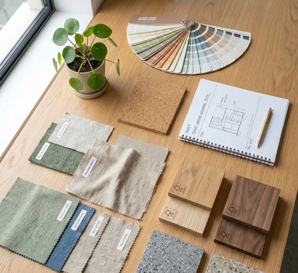 Un primer plano cenital fotorrealista de un escritorio de madera clara que muestra muestras de tela de lino natural con etiquetas de texto nítidas, bloques de madera con logotipos FSC, un cuaderno abierto con un boceto arquitectónico detallado, una paleta de colores y muestras de hormigón.