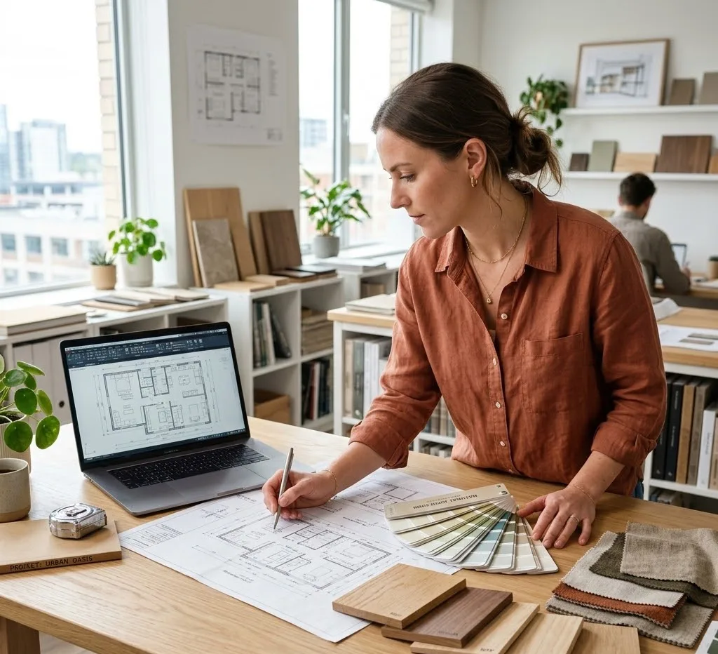 Un escritorio de madera clara con planos arquitectónicos detallados, una paleta de colores profesional, muestras de madera y una computadora portátil mostrando un plano de planta en 2D.