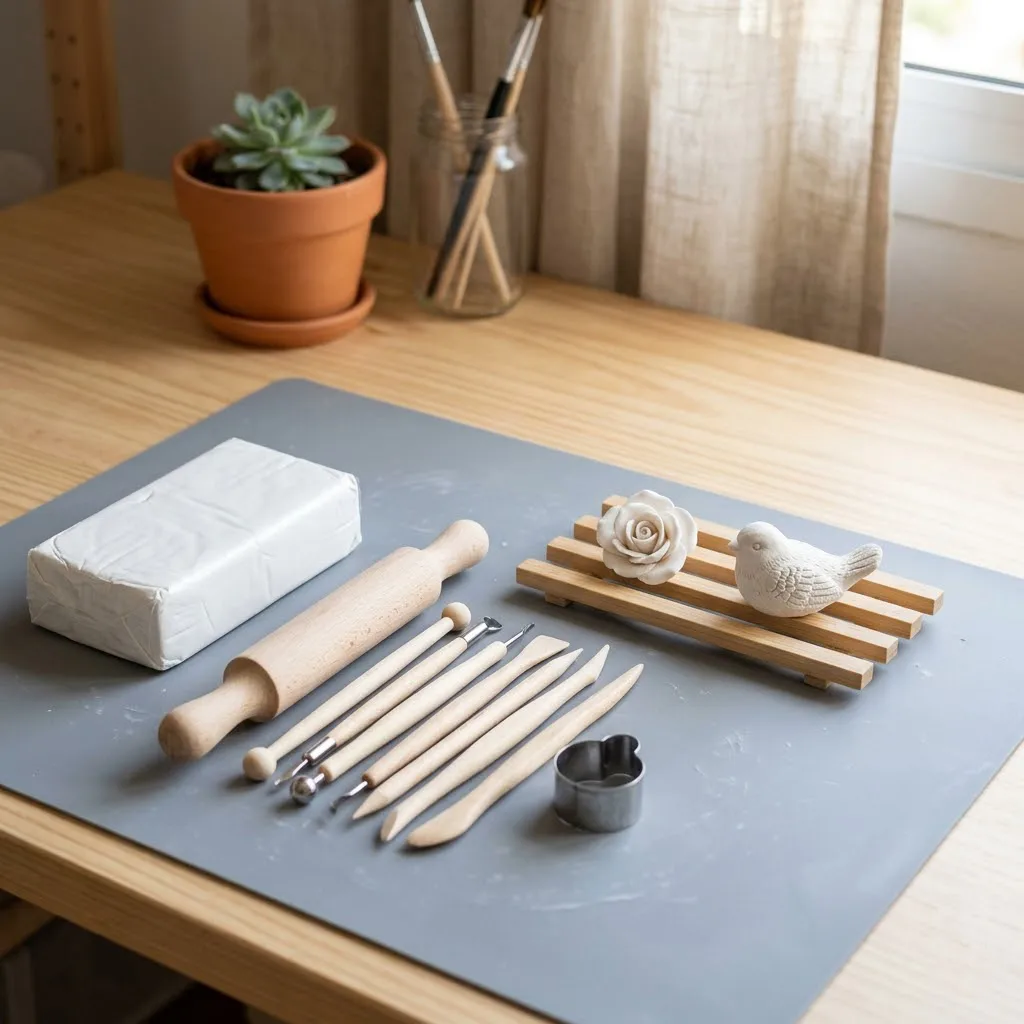 Un primer plano fotorrealista de un espacio de trabajo limpio para arcilla fría, que muestra un bloque de pasta blanca, una esterilla de silicona, herramientas básicas de modelado de madera y dos pequeñas piezas decorativas en proceso de secado, todo bajo luz natural.