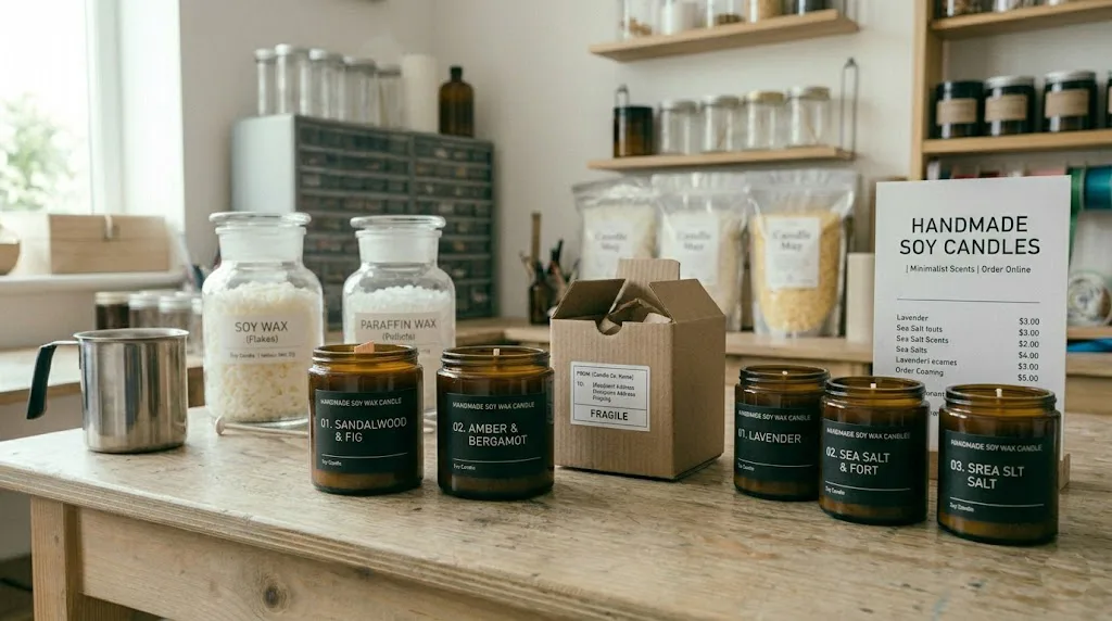 Una fotografía fotorrealista de primer plano que captura una estación de trabajo de fabricación de velas artesanales en un taller iluminado con luz natural. En el centro, una balanza digital de precisión muestra '238.5 g', sosteniendo un crisol de metal lleno de cera de soja derretida, con una espátula de silicona azul. A la derecha, un termómetro digital de inmersión amarillo muestra '74.8 °C'. La mesa de trabajo de madera está organizada con múltiples frascos de vidrio (con y sin wicks), una fila de botellas de fragancias para velas con etiquetas limpias, y estantes de fondo llenos de insumos.