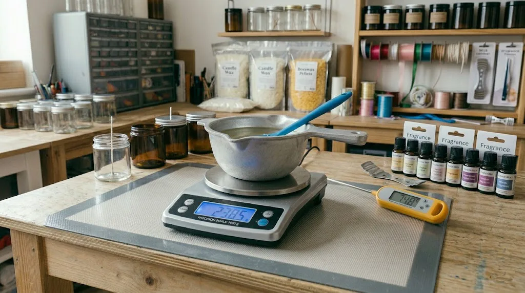 Una fotografía fotorrealista de primer plano que captura una estación de trabajo de fabricación de velas artesanales en un taller iluminado con luz natural. En el centro, una balanza digital de precisión de acero inoxidable muestra un peso de '238.5 g', sosteniendo un crisol de metal lleno de cera de soja derretida, con una espátula de silicona azul en su interior. A la derecha, un termómetro digital de inmersión amarillo muestra una temperatura de '74.8 °C'. La mesa de trabajo de madera está organizada con múltiples frascos de vidrio (con y sin wicks), una fila de botellas de fragancias para velas con etiquetas limpias, y estantes de fondo llenos de insumos: bolsas de cera de soja y pellets de cera de abejas, spools de wicks, y herramientas de centrado de mechas. La iluminación es suave y uniforme, sin textos, marcas de agua ni superposiciones, en estilo fotorrealista.