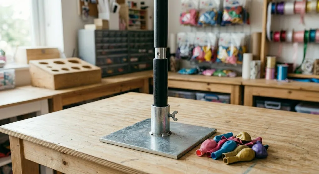 Primer plano de la base metálica cuadrada y el poste de fibra de vidrio segmentado que forman la estructura para un arco de globos, mostrando cómo se ensamblan las piezas antes de añadir los globos.