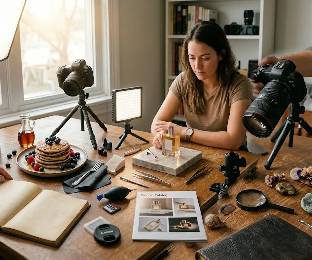 Una toma fotorrealista en formato cuadrado de un estudio de fotografía montado en casa sobre una gran mesa de madera. Una fotógrafa profesional está sentada en el centro, rodeada por tres estaciones de trabajo distintas: a la izquierda, una escena de gastronomía con una torre de tortitas con arándanos y jarabe; en el centro, una botella de perfume en un bloque de mármol con herramientas de precisión para fotografía de producto; a la derecha, una cámara con un objetivo macro apuntando a una pequeña suculenta. Se observan manuales abiertos y una libreta de espiral, todos con sus páginas en blanco, junto a luces LED, tarjetas de memoria y otros accesorios de cámara, todo iluminado por la luz suave de una ventana.