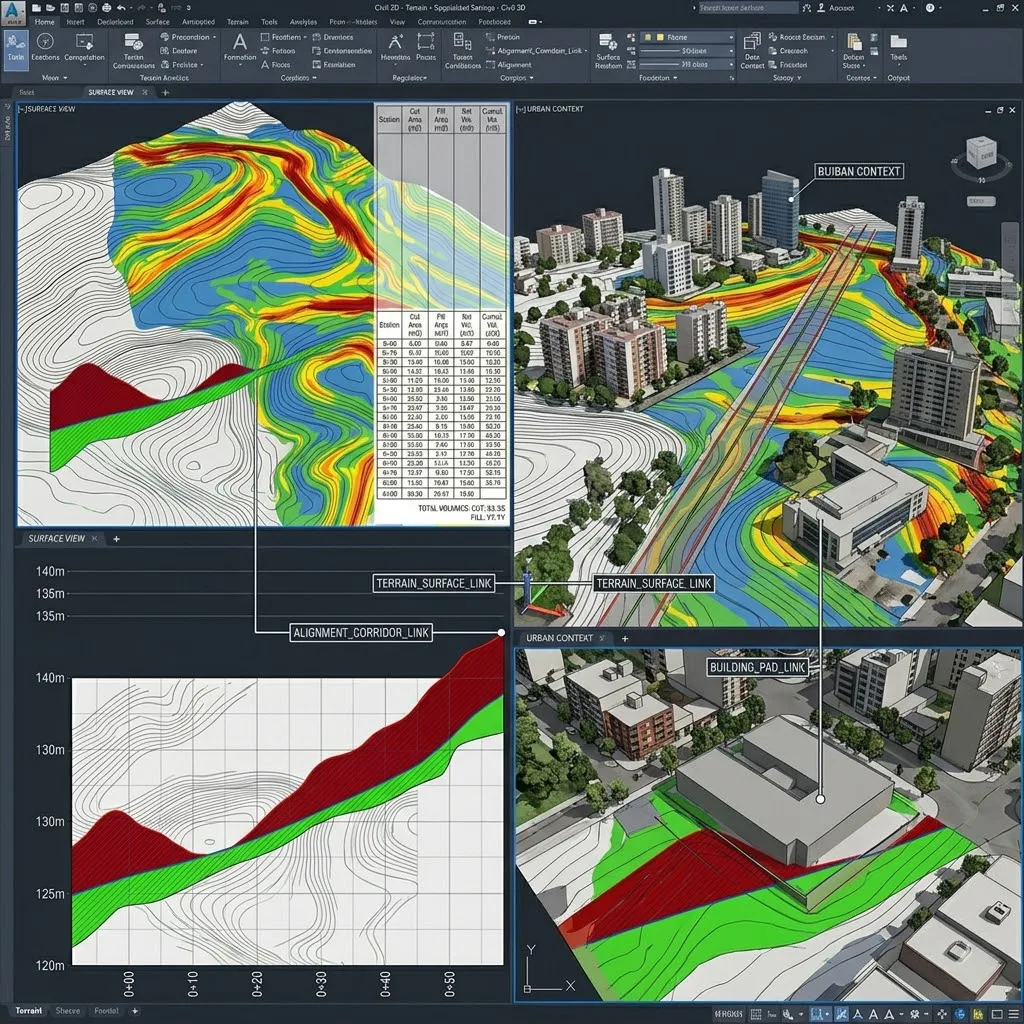 Interfaz de Civil 3D conectada con un modelo de visualización urbana 3D mostrando la integración de datos topográficos en un entorno de ciudad digital.