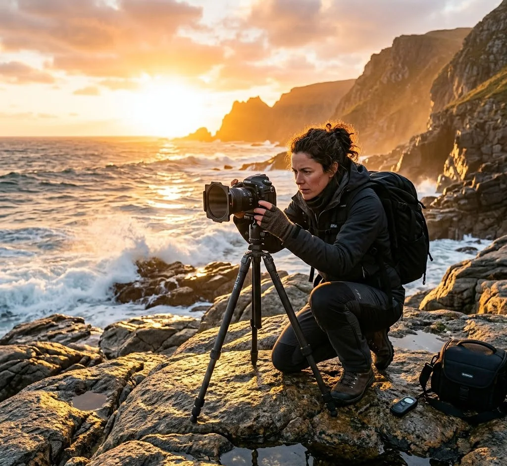 Una toma fotorrealista de una fotógrafa profesional (mujer) al amanecer en una costa rocosa. Ella está agachada, ajustando su cámara montada en un trípode de fibra de carbono sobre una gran roca mojada. La luz dorada del sol naciente baña los acantilados y el mar, creando reflejos en el agua. Se nota la bruma marina y la textura de la roca desgastada.