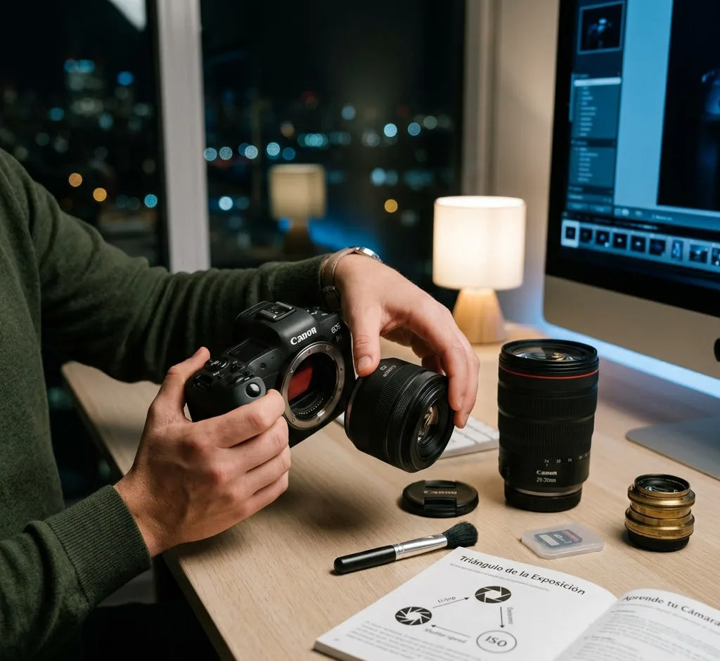 Una toma fotorrealista desde una perspectiva lateral que muestra a un fotógrafo en su escritorio de casa, cambiando el lente de una cámara mirrorless profesional. Sobre la mesa de madera clara se observa un manual abierto con diagramas del Triángulo de la Exposición (apertura, velocidad e ISO), un pincel de limpieza, una tarjeta de memoria y un monitor de edición al fondo. La escena evoca un ambiente de estudio y aprendizaje técnico profundo.