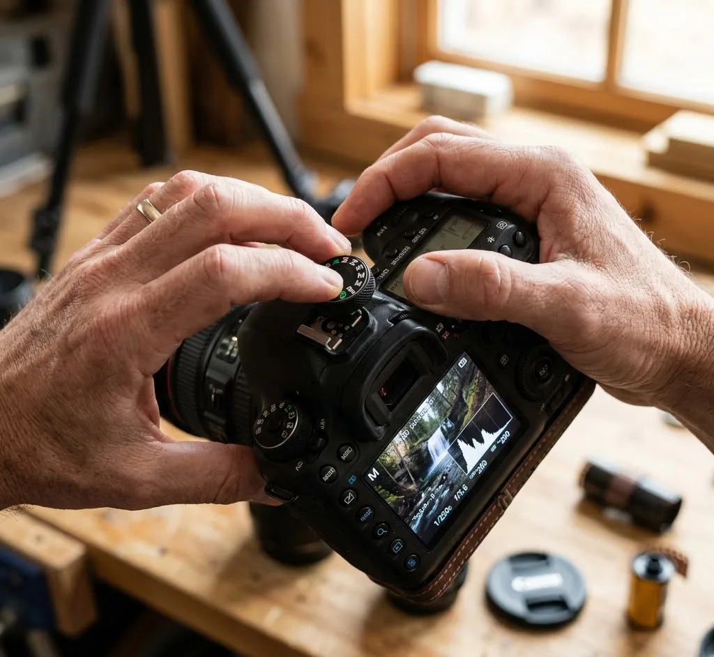 Un primer plano fotorrealista de las manos de un fotógrafo ajustando los diales de una cámara réflex digital moderna, pasando del modo 'Auto' al modo 'M' manual. El visor muestra un histograma dinámico.