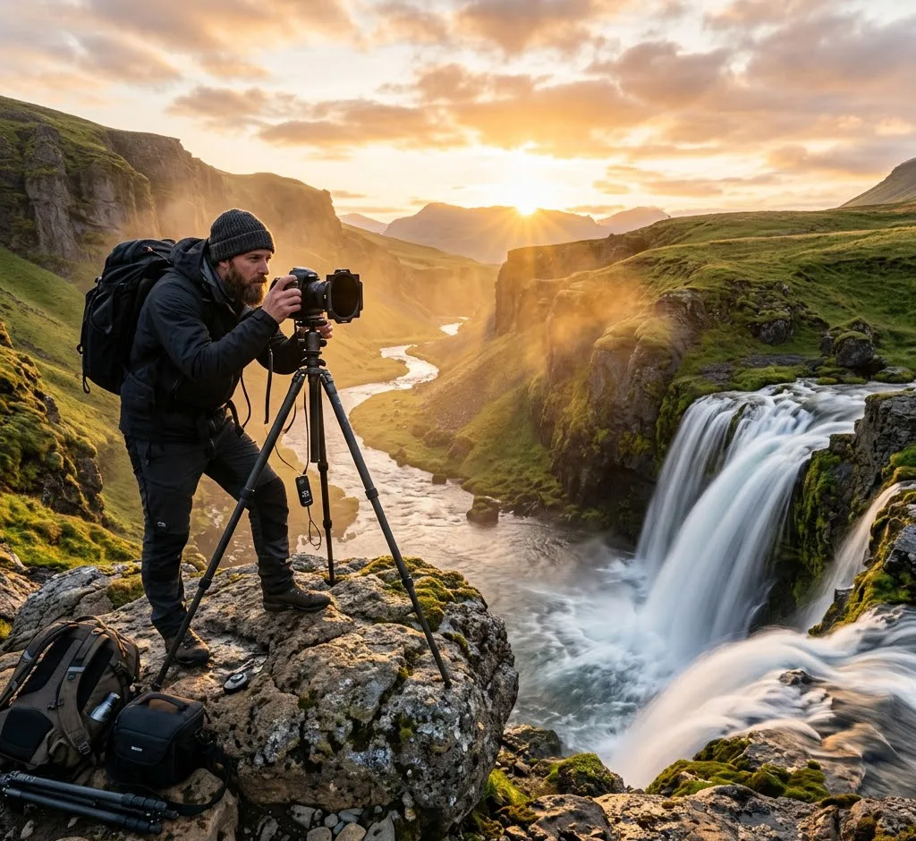 Una toma fotorrealista de un fotógrafo de paisaje al amanecer, con su cámara montada en un trípode sobre una roca con vistas a una cascada. Utiliza un filtro ND para lograr el efecto seda en el agua. La luz dorada baña la escena.