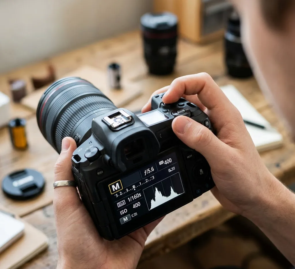 Un primer plano fotorrealista de las manos de un fotógrafo novato ajustando los diales de una cámara réflex digital moderna. El visor muestra un histograma dinámico y las siglas 'M' de manual resaltadas en la pantalla LCD.