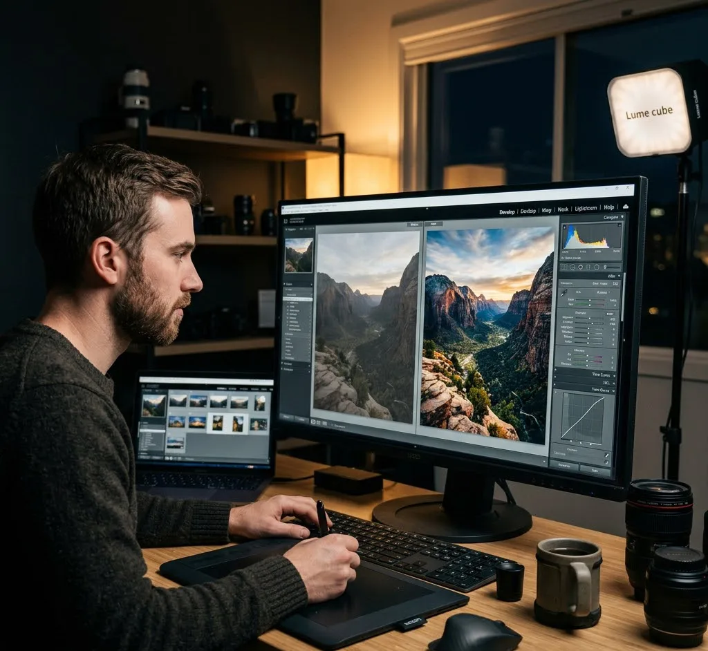 Una toma fotorrealista de un fotógrafo profesional trabajando en un monitor grande. La pantalla muestra un panel de Adobe Lightroom con una comparación de 'Antes' (una foto plana) y 'Después' (la misma foto con contraste, color y textura realzados).