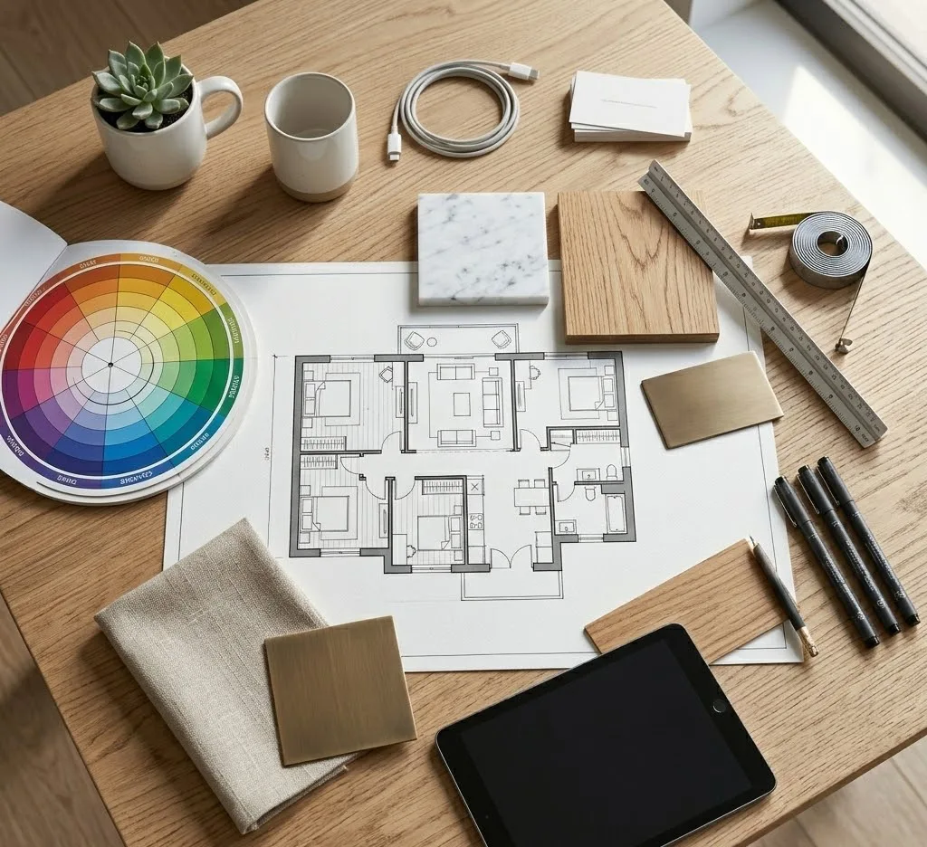 Vista cenital de un plano de diseño de interiores con muestras de materiales, círculo cromático y herramientas de medición sobre una mesa de madera clara.