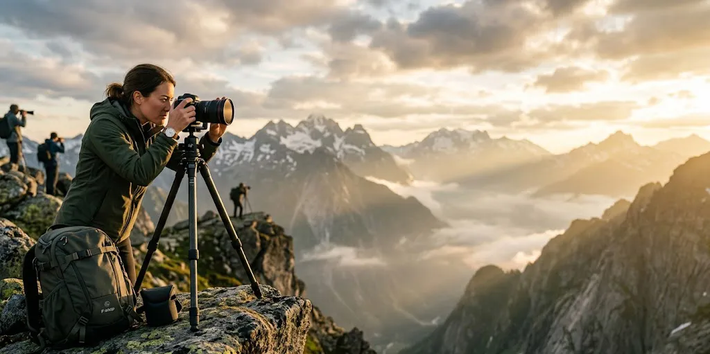 Una toma fotorrealista panorámica y épica de un vasto paisaje montañoso al amanecer, con una profunda niebla azulada llenando el valle. Una fotógrafa profesional está de pie sobre un saliente de roca en primer plano, ajustando una cámara montada sobre un trípode de fibra de carbono. Está rodeada de su equipo, incluyendo una mochila técnica y bolsas de lentes. La luz dorada del sol naciente baña los picos de las montañas, creando un fuerte contraste y sombras largas. La escena evoca un ambiente de aventura y la realización de una visión fotográfica experta en un entorno natural majestuoso.