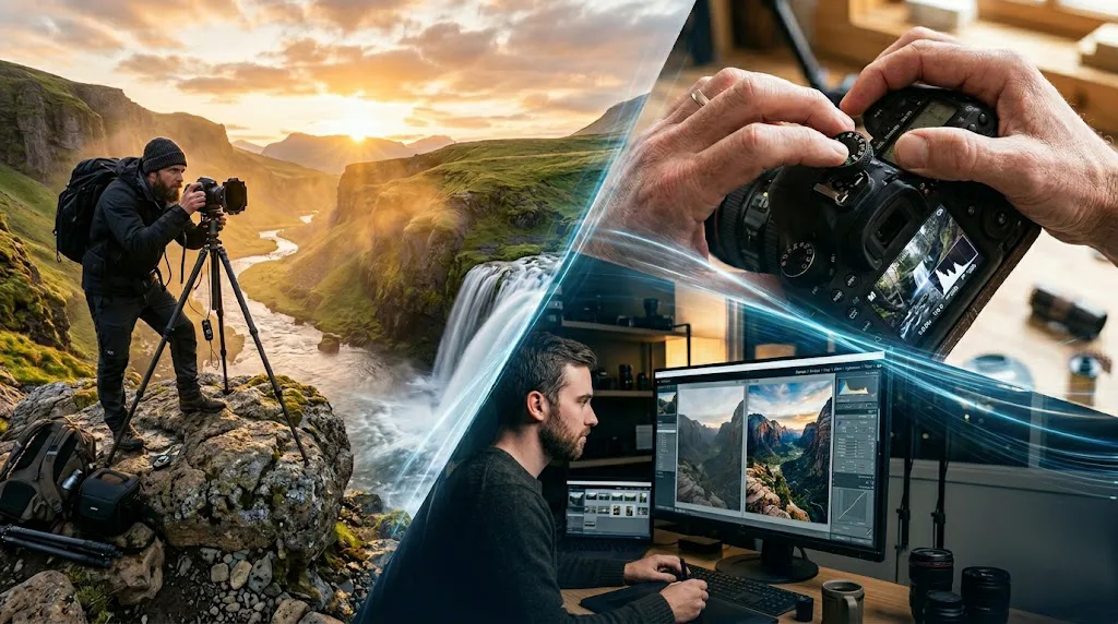 Collage fotorrealista que representa el camino del fotógrafo profesional. A la izquierda, un fotógrafo de paisajes captura una cascada al amanecer con trípode y filtros. A la derecha, un primer plano de manos ajustando los diales de una cámara en modo manual. En el centro inferior, un profesional realiza el revelado digital en un monitor de alta resolución mostrando una comparación de edición. Una composición técnica y artística que ilustra el dominio de la fotografía.