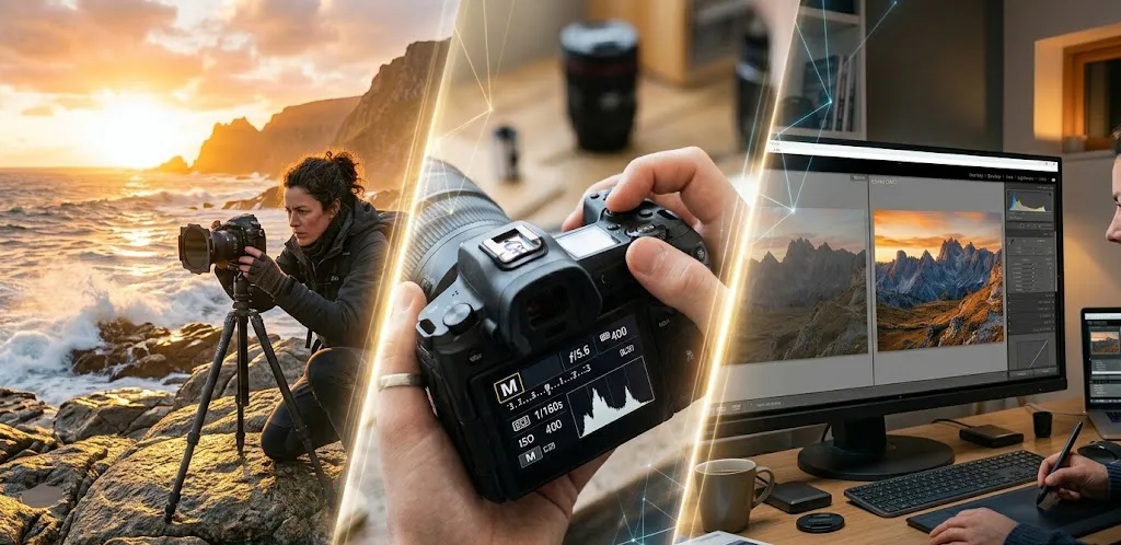 Collage fotorrealista de alta calidad que ilustra el camino hacia la maestría fotográfica. A la izquierda, una fotógrafa profesional captura un amanecer en una costa rocosa con trípode. En el centro, un primer plano detallado de manos ajustando una cámara réflex en modo manual con el histograma visible. A la derecha, el proceso de revelado digital en un monitor mostrando una comparación de edición profesional. La composición visual integra las tres etapas clave: captura, técnica y post-producción.