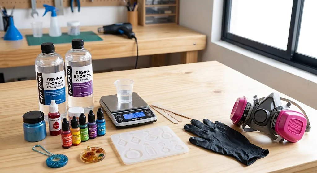 Kit completo de insumos básicos para principiantes en resina epoxica: incluye balanza digital de precisión, botellas de resina UV, variedad de pigmentos de colores, molde de silicona para joyería, guantes de nitrilo y mascarilla de seguridad respiratoria sobre una mesa de trabajo de madera.