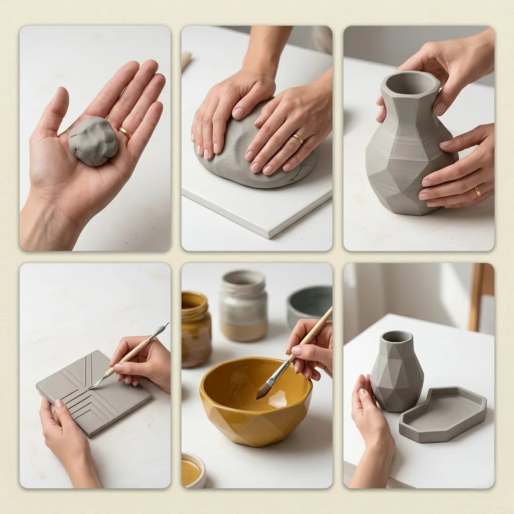 Guía visual con 6 fotos de los pasos de modelado del curso: amasado, moldeado, texturizado, pintado y pulido de arcilla.