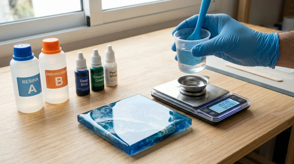 Una mesa de trabajo profesional para arte con resina que muestra el proceso completo: desde los componentes A y B y la medición precisa en balanza, hasta una pieza terminada con efecto de olas de mar de alto brillo.