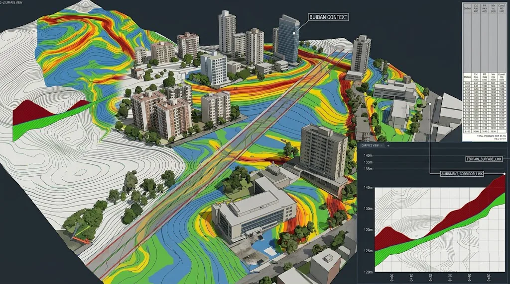 Vista panorámica fotorrealista de un proyecto de ingeniería civil en Civil 3D, integrando un modelo digital de terreno con análisis de pendientes, perfiles longitudinales de carreteras y una visualización urbana de edificios en un entorno 3D profesional.
