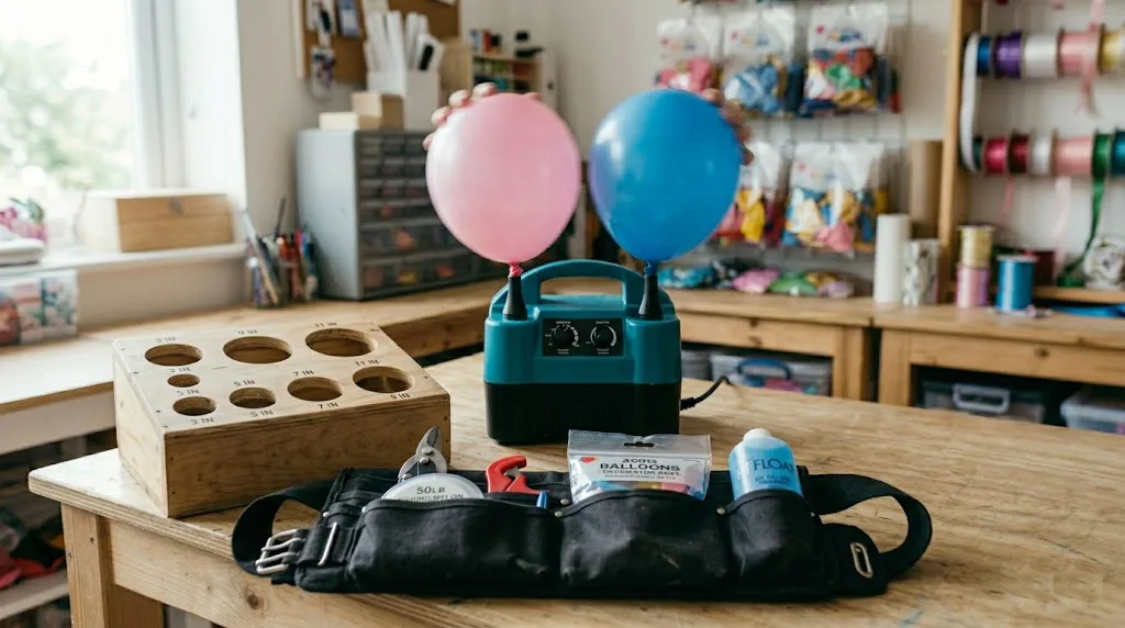 Primer plano de una mesa de trabajo de madera en un taller de manualidades, mostrando un inflador eléctrico dual inflando globos rosas y azules, un calibrador de madera con medidas y un cinturón de herramientas con tijeras y materiales, sin texto ni marcas de agua, en estilo fotorrealista